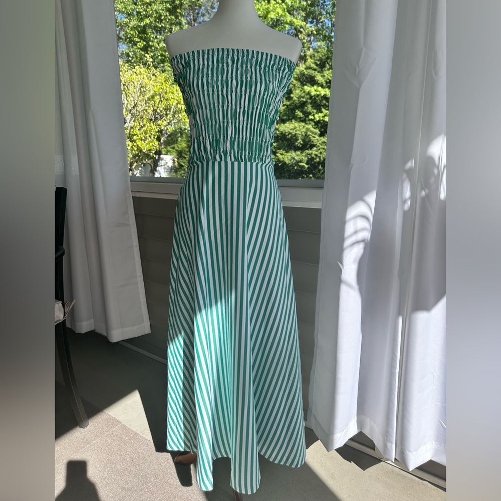 Strapless smocked striped green dress